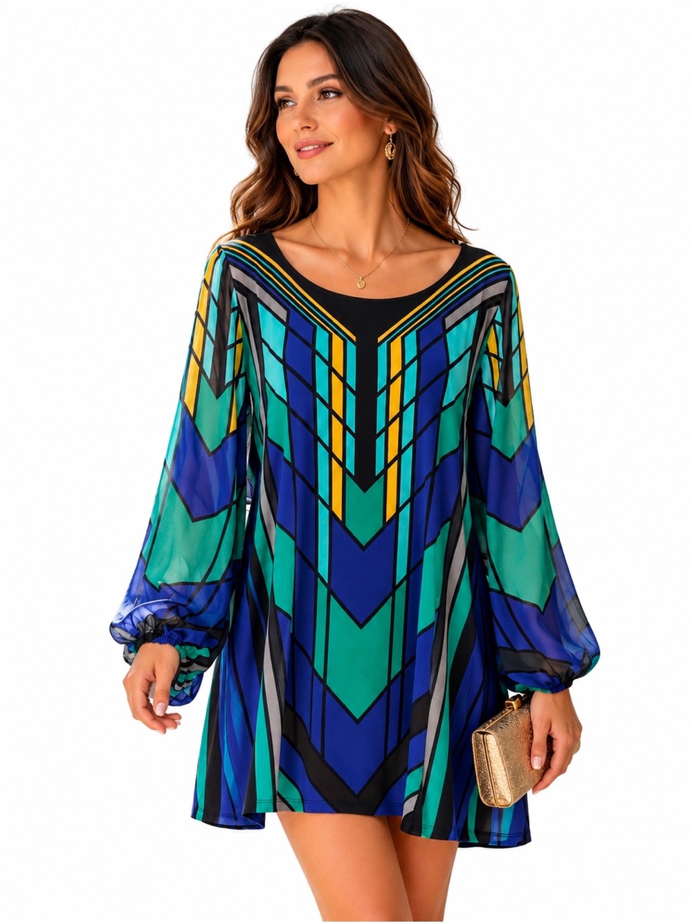 NWT 𝙑𝙖𝙡𝙚𝙧𝙞𝙚 𝙎𝙩𝙚𝙫𝙚𝙣𝙨 Blue & Green Geometric Shift Dress Size XL
